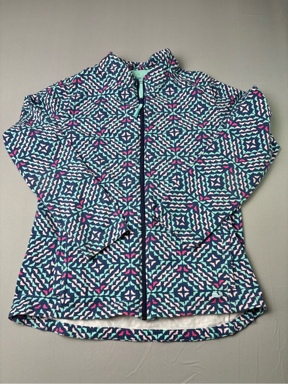 Vineyard Vines Girls XL Geometric Pattern Zip-Up Jacket in Navy, Teal & Pink